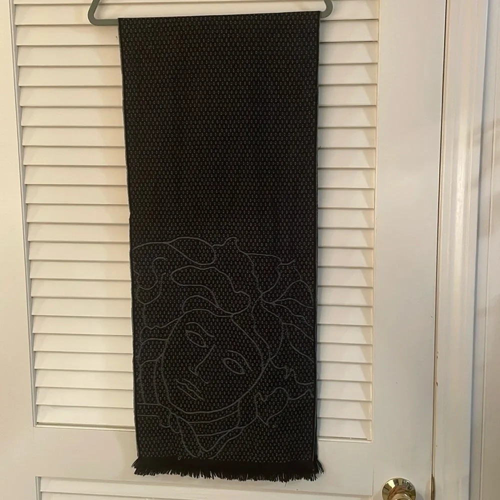 Versace Black and Charcoal Gray Geographic Medusa Fringed Scarf